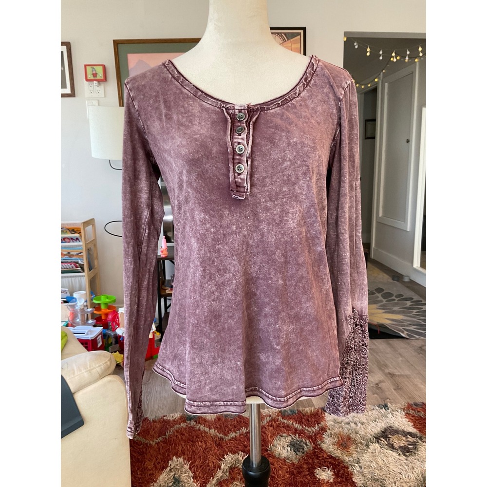 Soft Surroundings Purple Acid Wash Henley Lace Cuff Top Witchy Fairycore Boho M